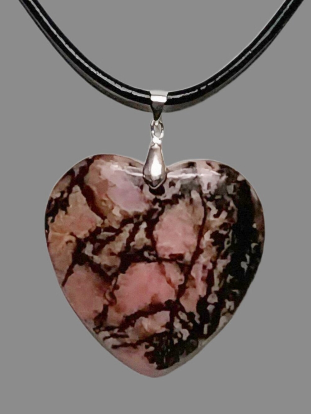 Pink And Black Rhodonite Heart Pendant Leather Necklace 19" Unique Boho Gift